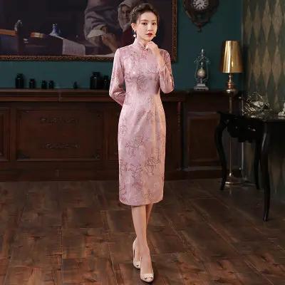 XGTQ2486麂皮古典印花修身中长款旗袍裙 商品图0