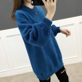 QR-3640韩版中长款加厚宽松慵懒风仿水貂绒女毛衣保暖针织打底衫