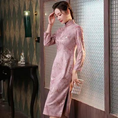 XGTQ2486麂皮古典印花修身中长款旗袍裙 商品图3