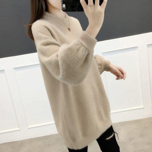 QR-3640韩版中长款加厚宽松慵懒风仿水貂绒女毛衣保暖针织打底衫 商品图3