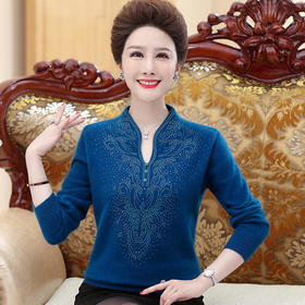 QY-JING292秋冬新款时尚V领烫钻妈妈装貂绒打底衫