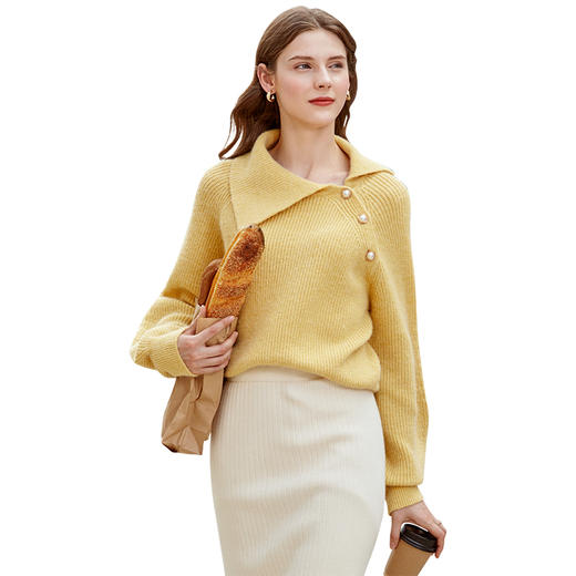 欧芮儿套头毛衣女宽松秋冬新款不规则翻领斜襟灯笼袖打底衫 商品图2