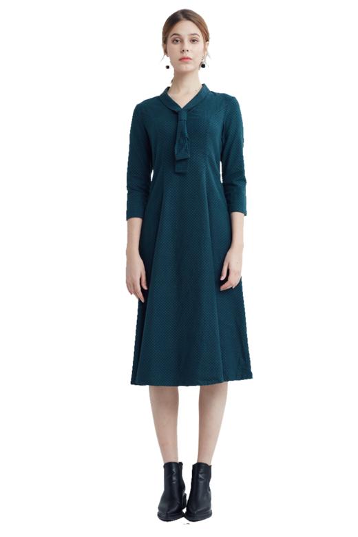 vivian liu/红英 r1944102秋女装学院风飘带领收腰长袖长款连衣裙