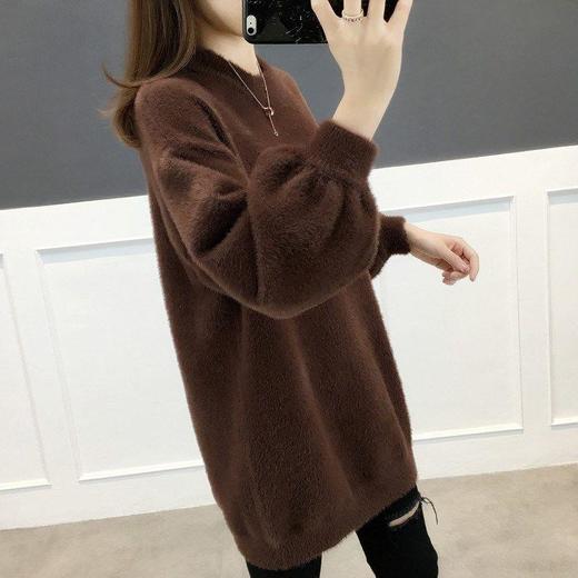 QR-3640韩版中长款加厚宽松慵懒风仿水貂绒女毛衣保暖针织打底衫 商品图2
