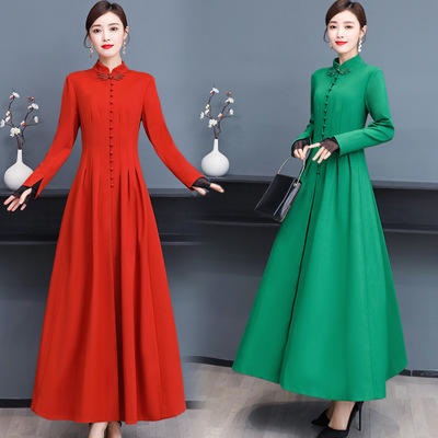 AHM-hzj2099 罗马棉连衣裙女2020新款长袖长款时尚气质优雅显瘦收腰复古纯色裙 商品图1