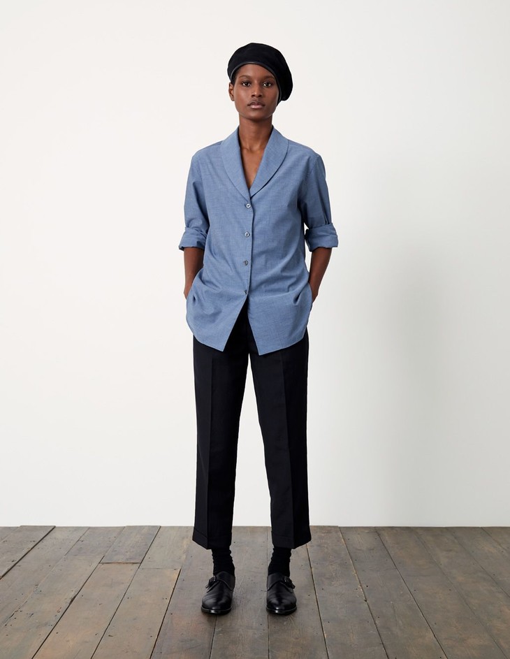 margarethowell天蓝色藏蓝色青果领棉质衬衫