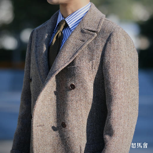 Hardy Minnis Harris Tweed Cheviot 羊毛人字纹咖啡色马球大衣 商品图3