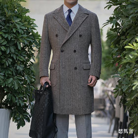 Hardy Minnis Harris Tweed Cheviot 羊毛人字纹咖啡色马球大衣