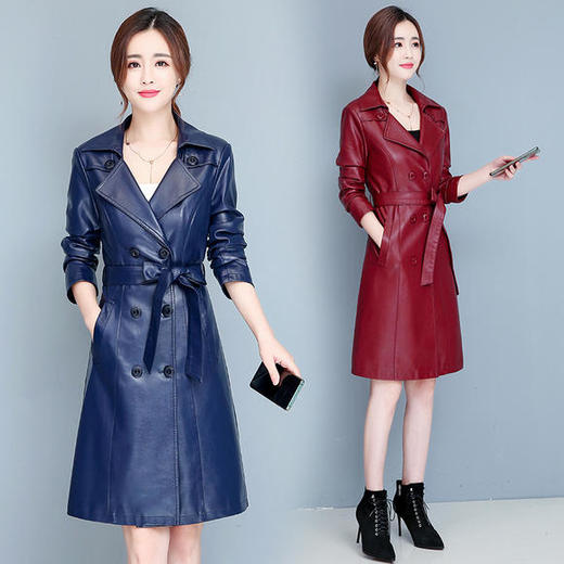 NQS2058新款时尚优雅气质修身中长款皮衣外套 商品图0