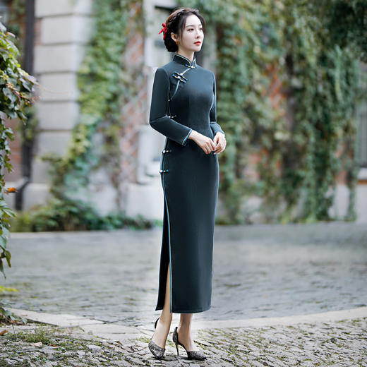上海旗袍厂gx加厚款仿水貂绒长款长袖旗袍2020秋冬新款时尚改良女士