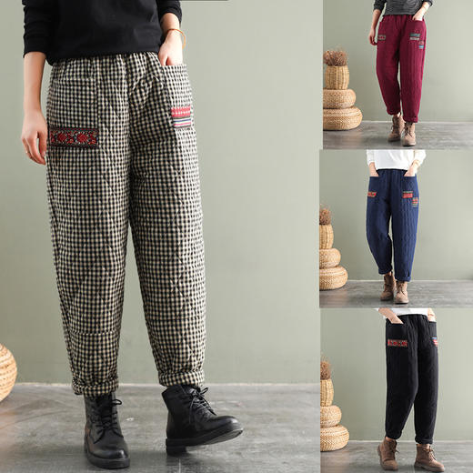 np大码棉麻哈伦裤亚麻松紧腰时尚休闲格子加厚棉棉裤