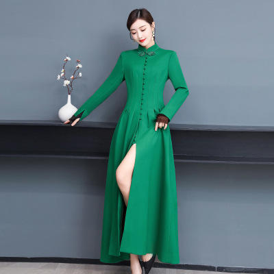 AHM-hzj2099 罗马棉连衣裙女2020新款长袖长款时尚气质优雅显瘦收腰复古纯色裙 商品图0