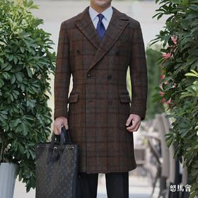 Hardy Minnis Harris Tweed Cheviot 羊毛格纹暖棕色马球大衣