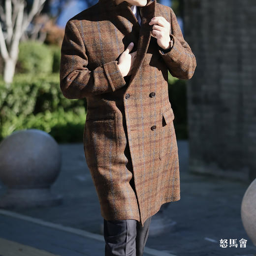 Hardy Minnis Harris Tweed Cheviot 羊毛格纹暖棕色马球大衣 商品图2