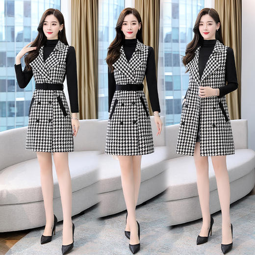 WZNH-CPYY9083秋冬新款女毛呢小香风拼接收腰两件套马甲连衣裙 商品图1