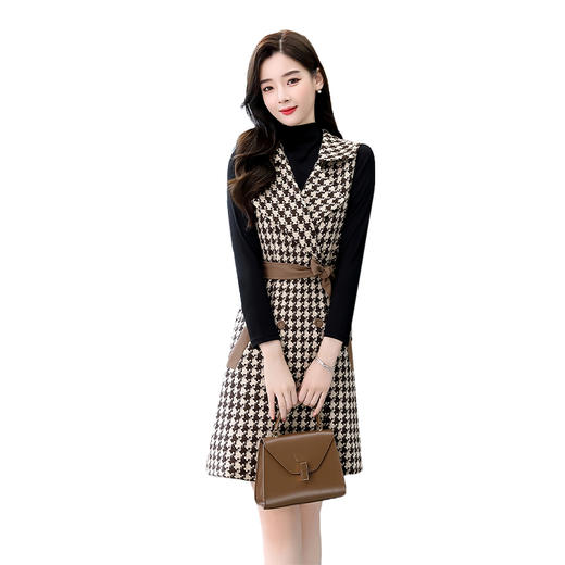WZNH-CPYY9083秋冬新款女毛呢小香风拼接收腰两件套马甲连衣裙 商品图4