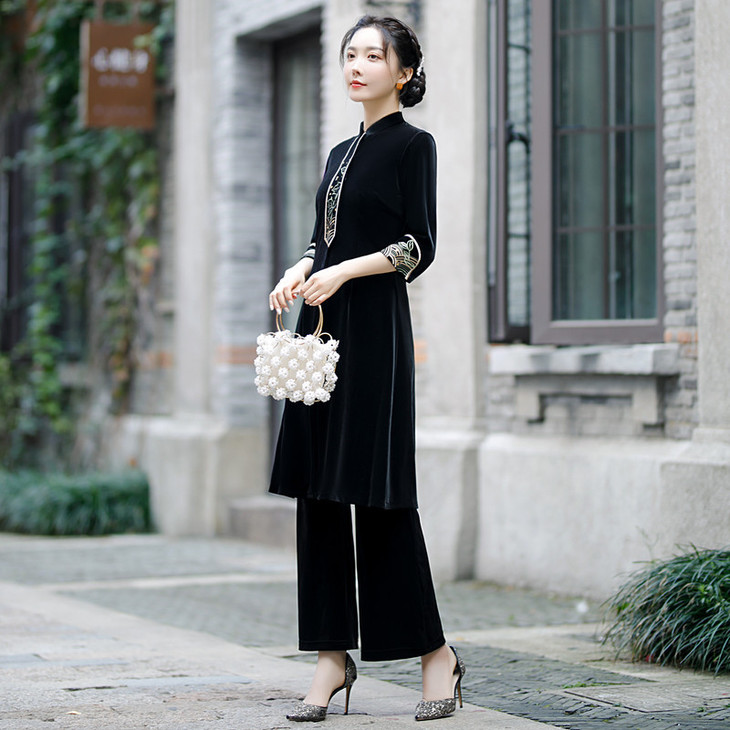 sky 206833时尚改良金丝绒旗袍外套阔腿裤套装