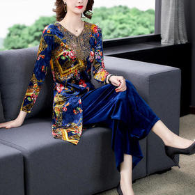 AHM-ymy7979新款韩版复古印花阔腿裤两件套