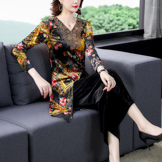 AHM-ymy7979新款韩版复古印花阔腿裤两件套 商品图1