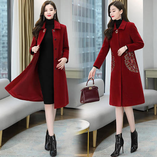 WZNH-HRYZ7173冬季修身中长款方领单排扣纯色刺绣呢子大衣 商品图2