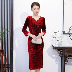 BJ-90秋冬新款韩国绒V领宴会礼服旗袍