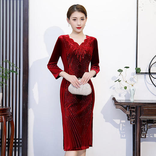 BJ-90秋冬新款韩国绒V领宴会礼服旗袍 商品图0