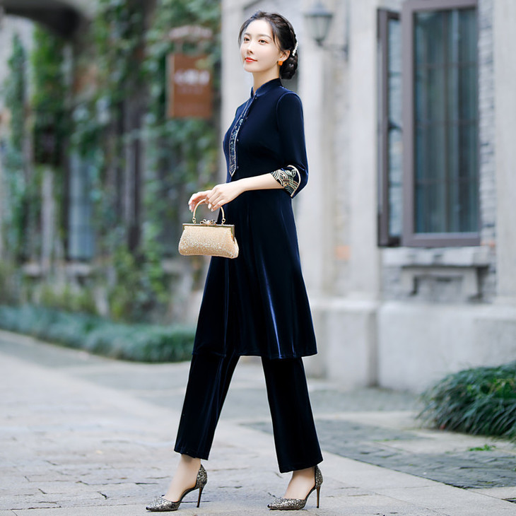 sky206833时尚改良金丝绒旗袍外套阔腿裤套装