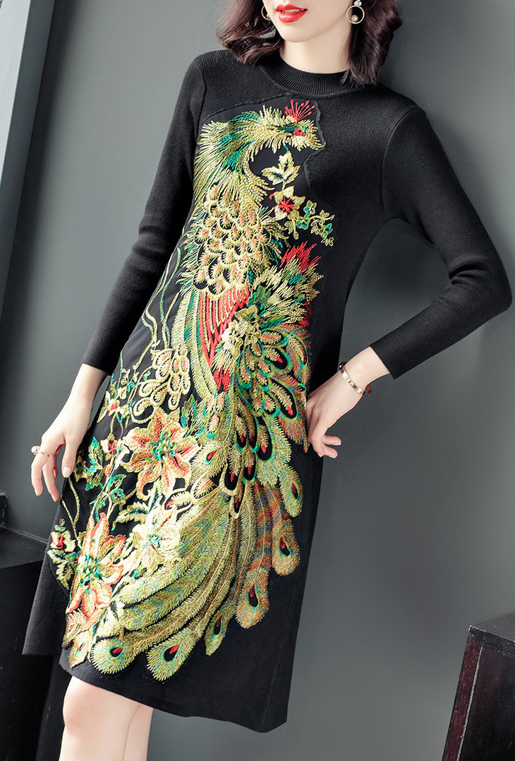 ly185重工刺绣修身中长裙凤凰绣花针织连衣裙