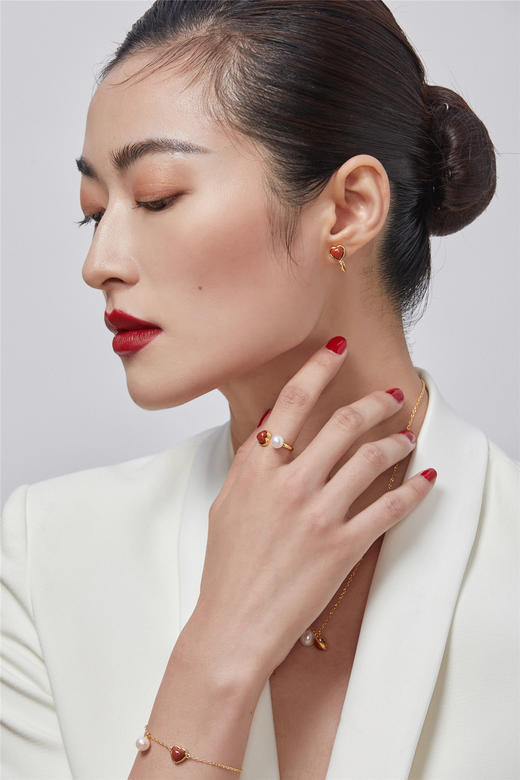 Pearl moments 珠玉系列 南红小心心珍珠戒指 商品图5