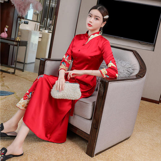 WLZD20266新款中国风高端优雅气质修身立领长袖绣花长款连衣裙TZF 商品图2