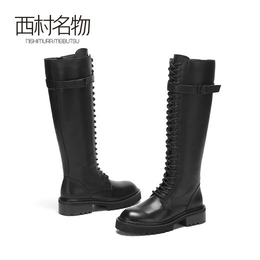 西村名物2020冬季新款长筒靴牛皮革中跟休闲朋克风机车长靴X20DQ40181 商品图2