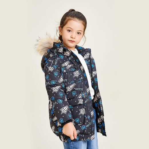 METTE童装90白鹅绒中长款羽绒服时尚印花连帽大毛领加厚保暖外套 商品图2