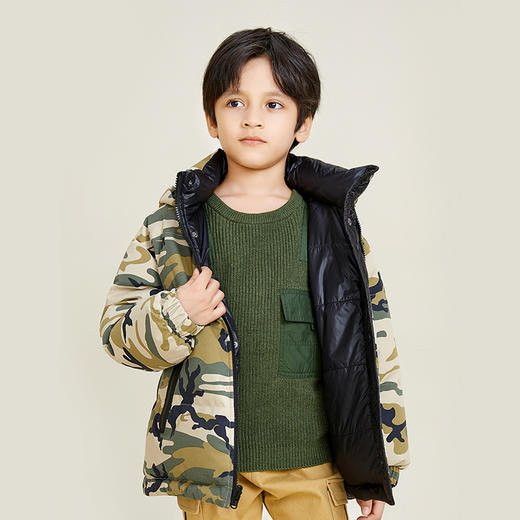 METTE童装90白鹅绒羽绒服2020冬新品男宝迷彩双面穿连帽保暖外套 商品图3