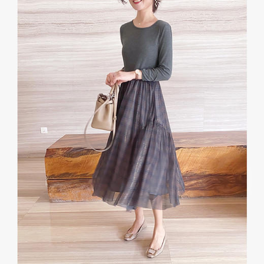 舞舞舞 灰蓝色调罗纹拼接网纱连衣裙 商品图0