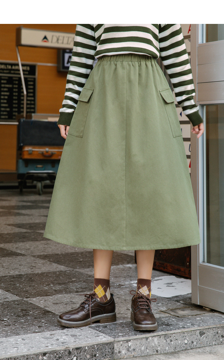 茵曼半身裙女2020年冬新款松紧腰高腰中长款a字小个子工装风裙子