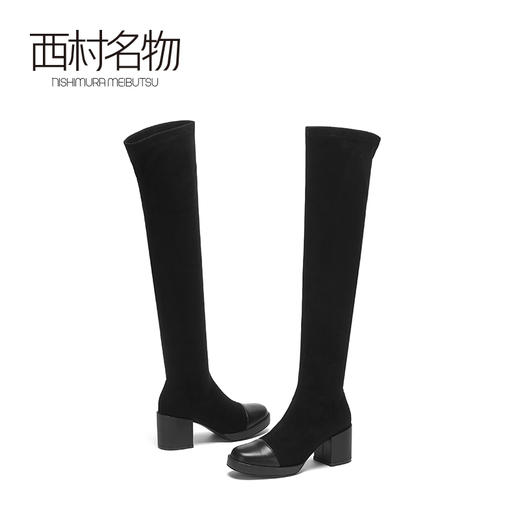 西村名物2020冬季新款过膝靴女纯色港风复古方跟高跟长筒靴X20DI40331 商品图3