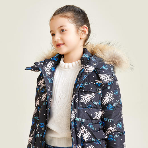 METTE童装90白鹅绒中长款羽绒服时尚印花连帽大毛领加厚保暖外套 商品图3