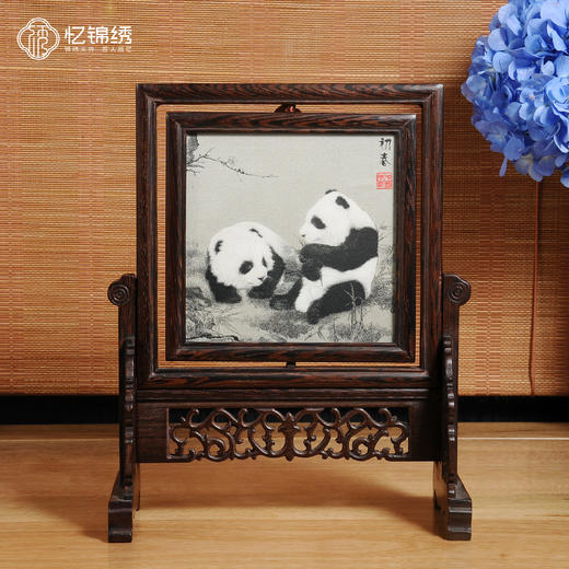 双面蜀锦座屏红木框-梅花双熊（已售罄，可接受预定） 商品图0