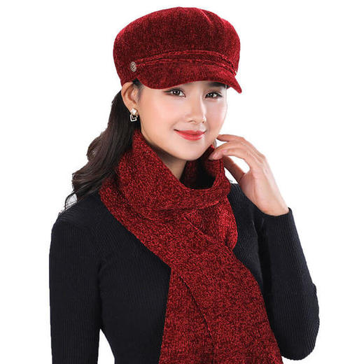 JXG-帽子女韩版冬季加厚鸭舌帽围巾套装中老年女士妈妈帽保暖八角帽 商品图2