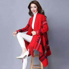 FCY-LL1711新款时尚气质宽松蝙蝠袖格纹针织不规则斗篷披肩外套