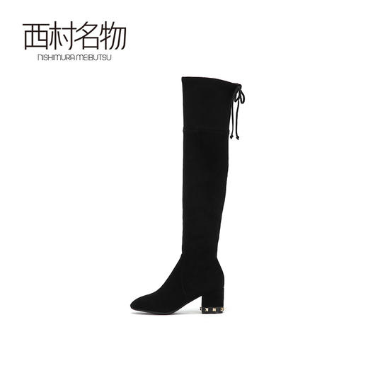 西村名物新款时尚铆钉中跟弹力长筒靴显高显瘦X284I40131 商品图2