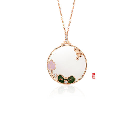 18K玫瑰金和田玉（白玉）镶钻吊坠--夏荷 /小圆牌直径15mm 商品图1