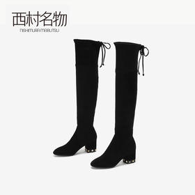 西村名物新款时尚铆钉中跟弹力长筒靴显高显瘦X284I40131