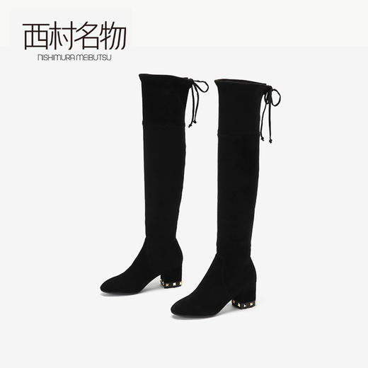 西村名物新款时尚铆钉中跟弹力长筒靴显高显瘦X284I40131 商品图0