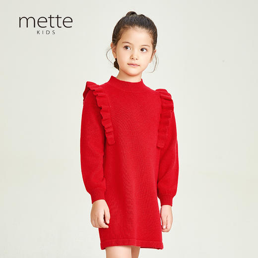 METTE羊绒世家童装100%山羊绒中长款连衣裙2020秋冬时尚木耳边裙 商品图0