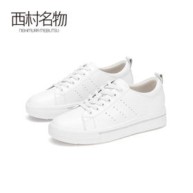 西村名物2020秋季新款小白鞋牛皮革系带厚底增高休闲女鞋32651