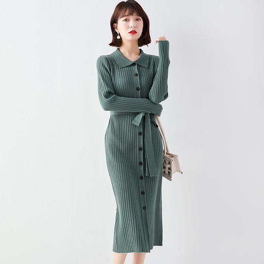 MD-68830024复古翻领针织连衣裙2020秋冬新款女装中长款系带毛衣裙子 商品图2