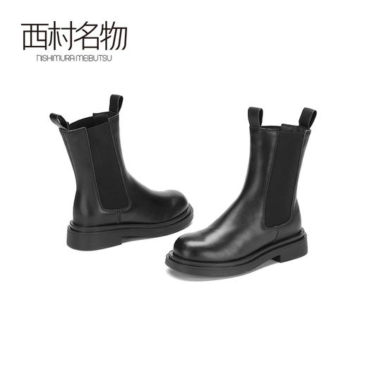 西村名物2020冬季新款烟囱靴纯色飞织牛皮革烟管靴T20DC42501 商品图3