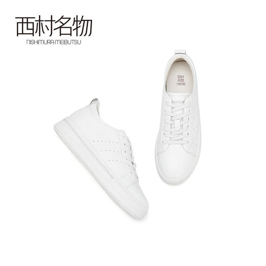 西村名物2020秋季新款小白鞋牛皮革系带厚底增高休闲女鞋32651 商品图2