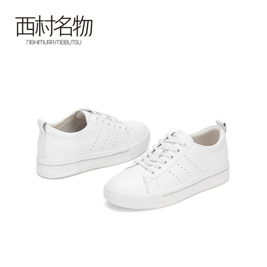 西村名物2020秋季新款小白鞋牛皮革系带厚底增高休闲女鞋32651 商品图4